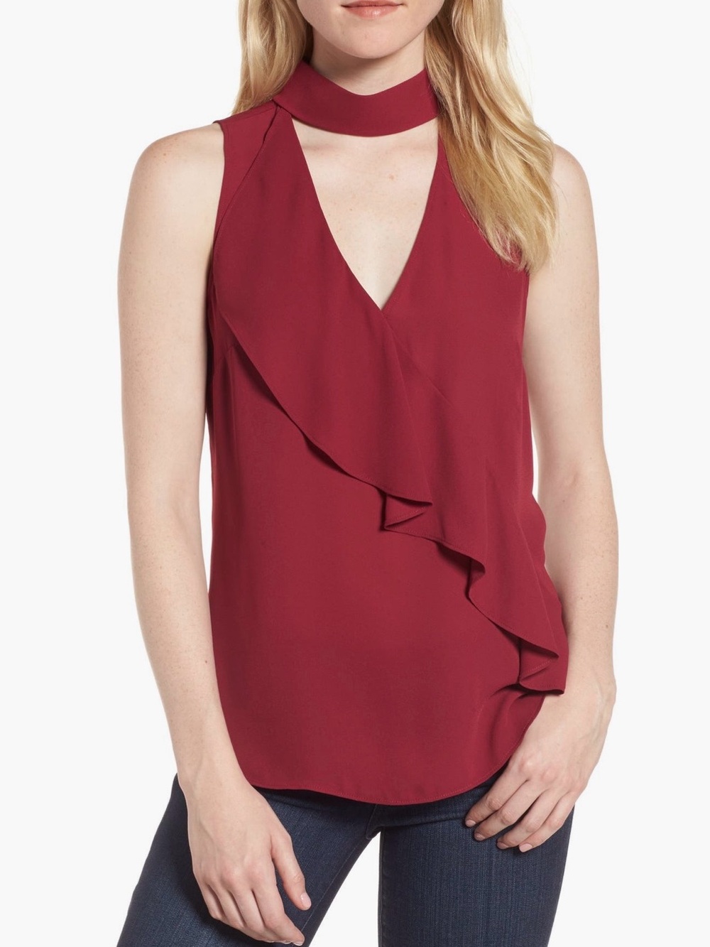Trouvé Women's Ruffle V-Neck Sleeveless Top - Burgundy